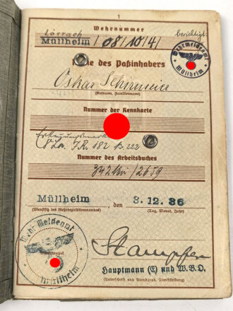 Wehrpaß Heer, eingestellt 21.1.36 bei Erg.Batl. 28 Tübingen.