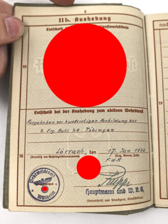 Wehrpaß Heer, eingestellt 21.1.36 bei Erg.Batl. 28 Tübingen.