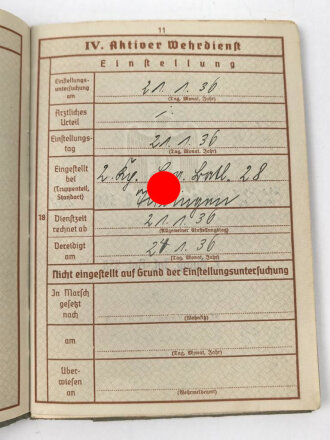 Wehrpaß Heer, eingestellt 21.1.36 bei Erg.Batl. 28 Tübingen.