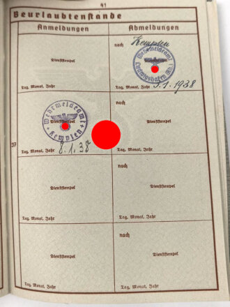Wehrpaß, ausgestellt 16.9.1937, wenige Einträge