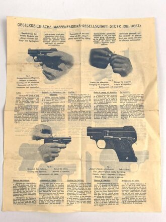 Oesterreichische Waffenfabriks-Gesellschaft Steyr, vierseitiges Faltblatt DIN A4, mit Druckvermerk von 1912