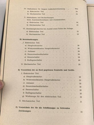 Kriegsmarine " Beschreibung und Betriebsvorschrift für die Ruderanlagen auf U Boote Typ IX D1 und IX D2" DIN A4, gedruckt 1943, guter Zustand