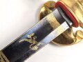 Bayern, Hirschfänger in Luxusausführung um 1850/60. Gebläute Klinge, Lederscheide nicht geschrumpft, vollständige Vergoldung. Gesamtlänge 80cm. Sehr guter Zustand