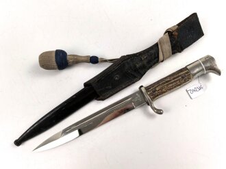 Extraseitengewehr KS98 mit Hirschhorngriffschalen. Hersteller E.Pack & Söhne Solingen. Saubere Klinge, Scheide Originallack, in Lacklederkoppelschuh mit Troddel