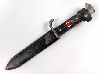 Fahrtenmesser für Angehörige der Hitlerjugend. Ungereinigtes Stück, die Klinge stark gebraucht, Hersteller M7/27 1938