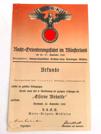NSKK " Nacht Orientierungsfahrt im Münsterland 1936" Anerkennungsurkunde für die "Eiserne Medaille". Beschnitten, Maße 19 x 31cm
