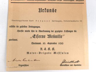NSKK " Nacht Orientierungsfahrt im Münsterland 1936" Anerkennungsurkunde für die "Eiserne Medaille". Beschnitten, Maße 19 x 31cm