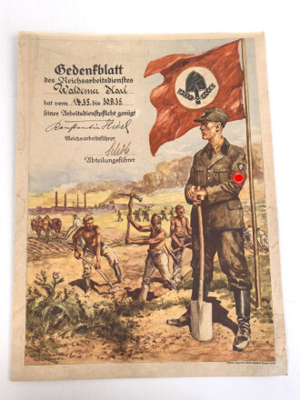Gedenkblatt des Reichsarbeitsdienstes. Maße 32,5 x 43cm. Die Kanten beschädigt