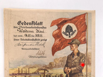 Gedenkblatt des Reichsarbeitsdienstes. Maße 32,5 x 43cm. Die Kanten beschädigt