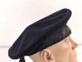 Kriegsmarine Tellermütze. Unvorschriftsmäßiges Stück, der Mützenkorpus fehlt, das Mützenband wurde unterfüttert und direkt an den Mützendeckel angenäht.