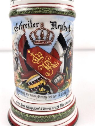 Württemberg, Reservistenkrug eines Angehörigen im Grenadier Regiment König Karl No. 123 Ulm.  Guter Gesamtzustand mit leichten Gebrauchsspuren