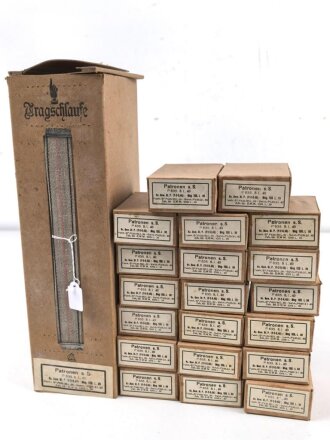 Pappkasten für 300 Schuss Munition 8x 57 ( für K98 ) . 20 Pappschachteln enthalten, alles zusammengehörig. OHNE Inhalt - Complete matching set for 300 K98 rounds, ONLY EMPTY BOXES