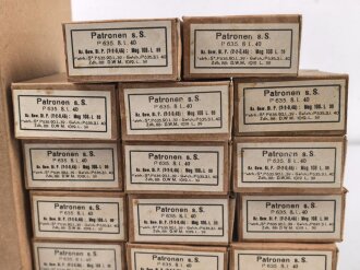 Pappkasten für 300 Schuss Munition 8x 57 ( für K98 ) . 20 Pappschachteln enthalten, alles zusammengehörig. OHNE Inhalt - Complete matching set for 300 K98 rounds, ONLY EMPTY BOXES