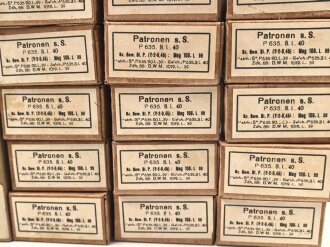 Pappkasten für 300 Schuss Munition 8x 57 ( für K98 ) . 20 Pappschachteln enthalten, alles zusammengehörig. OHNE Inhalt - Complete matching set for 300 K98 rounds, ONLY EMPTY BOXES