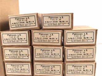 Pappkasten für 300 Schuss Munition 8x 57 ( für K98 ) . 20 Pappschachteln enthalten, alles zusammengehörig. OHNE Inhalt - Complete matching set for 300 K98 rounds, ONLY EMPTY BOXES