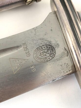 Reichsarbeitsdienst, Hauer für Mannschaften. Hersteller Krebs Solingen, Scheide Originallack, Gehänge in gutem Zustand. Ordentliches Stück in gutem Gesamtzustand
