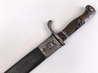 Preussen 1. Weltkrieg, Seitengewehr 98/05 alter Art mit Lederscheide. Abnahme von Simson & Co Suhl.