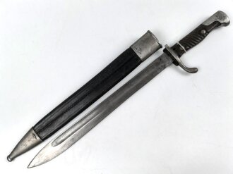 Preussen 1. Weltkrieg, Seitengewehr 98/05 alter Art mit Lederscheide. Abnahme von Simson & Co Suhl.