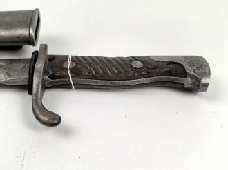 Preussen 1. Weltkrieg, Seitengewehr 98/05 alter Art mit Lederscheide. Abnahme von Simson & Co Suhl.