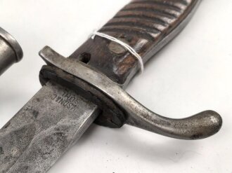 Preussen 1. Weltkrieg, Seitengewehr 98/05 alter Art mit Lederscheide. Abnahme von Simson & Co Suhl.
