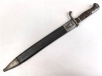 Preussen 1. Weltkrieg, Seitengewehr 98/05 alter Art mit Lederscheide. Abnahme von Simson & Co Suhl.