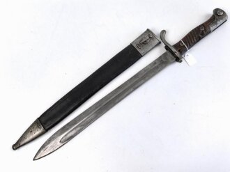 Preussen 1. Weltkrieg, Seitengewehr 98/05 alter Art mit Lederscheide. Abnahme von Simson & Co Suhl.