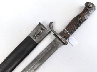 Preussen 1. Weltkrieg, Seitengewehr 98/05 alter Art mit Lederscheide. Abnahme von Simson & Co Suhl.