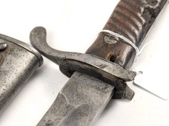 Preussen 1. Weltkrieg, Seitengewehr 98/05 alter Art mit Lederscheide. Abnahme von Simson & Co Suhl.