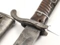 Preussen 1. Weltkrieg, Seitengewehr 98/05 alter Art mit Lederscheide. Abnahme von Simson & Co Suhl.
