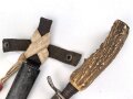 1. Weltkrieg Grabendolch mit Scheide und Troddel. Die Klinge vorne abgebrochen , Scheide Originallack " Uneroffizier Liebau"
