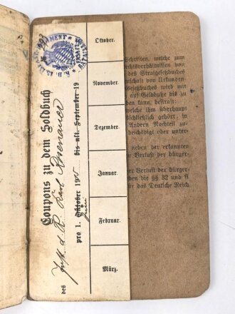 Bayern, Soldbuch eines Angehörigen im 13. Infanterie Regiment, ausgefertigt 1915. Gasschutzmaske geprüft im Stinkraum 1916, sonst wenige Einträge
