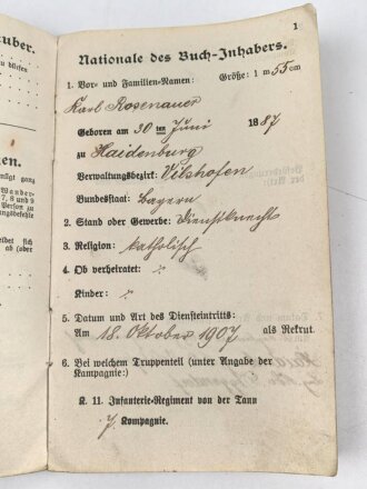 Bayern, Militär-Paß  eines Infanteristen im 11. Infanterie-Regiment „von der Tann“. Diensteintritt 1907. Ist im Reiten und in der Pferdepflege ausgebildet. Frankreichfeldzug, Schlacht bei verdun