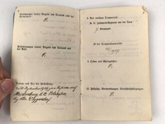 Bayern, Militär-Paß  eines Infanteristen im 11. Infanterie-Regiment „von der Tann“. Diensteintritt 1907. Ist im Reiten und in der Pferdepflege ausgebildet. Frankreichfeldzug, Schlacht bei verdun