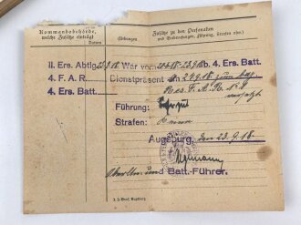 Bayern, Militär-Paß  eines Gefreiten im Res. Feldartillerie Rgt Nr. 1, Diensteintritt 1915.