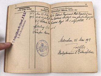Bayern, Militär-Paß  eines Gefreiten im Res. Feldartillerie Rgt Nr. 1, Diensteintritt 1915.