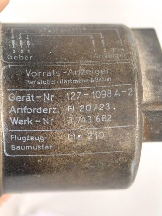 Luftwaffe elektrischer Voratsanzeiger Fl 20723, Baumuster Me 210 . Funktion nicht geprüft