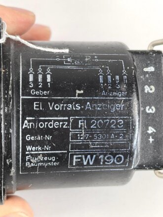 Luftwaffe elektrischer Voratsanzeiger Fl 20723, Baureihe ca. 1944 für FW 190. Funktion nicht geprüft