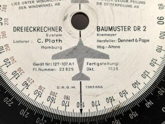 Luftwaffe, Dreieckrechner DR2 , FL Nummer 23825, Hersteller Plath 1938. Unvollständiges Stück