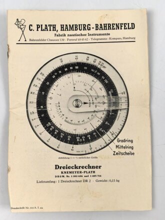 Luftwaffe, Beschreibung des Dreieckrechners DR2, 16 Seiten, DIN A5, C.Plath hamburg