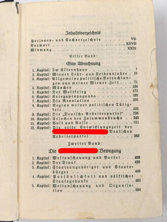 Adolf Hitler "Mein Kampf" blaue Ganzleinenausgabe in stark gebrauchtem Zustand, Führerbild fehlt, Wasserschaden
