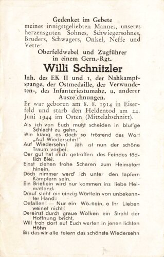 Gedenkkarte eines Oberfeldwebel und Zugführer in...
