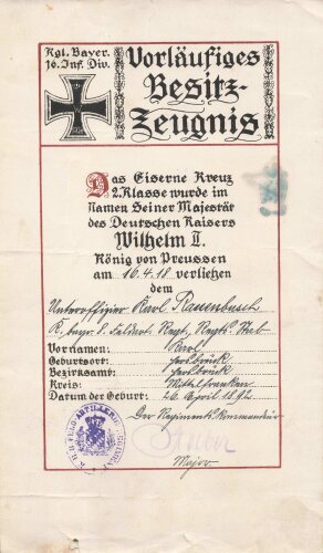 1. Weltkrieg und Weimarer Republik, Urkundengruppe eines bayrischen Frontkämpfers.