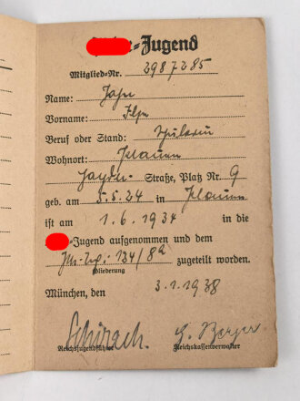 BDM Mitgliedausweis, Gebiet 16 Obergau, Sachsen, datiert 3.1.1938