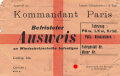 Kommandant Paris "Befristerer Ausweis für PKw, LKw und Kräd" Maße 16,5 x 10,5 cm