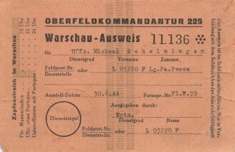 Oberfeldkommandantur 225 Warschau, Ausweis für einen...