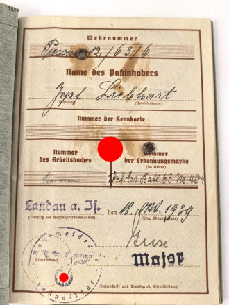 Wehrpaß Heer, eingestellt am 10.1.1940 bei Infanterie Ersatz Btl. 63 Ingolstadt