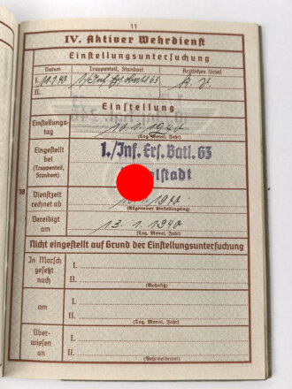Wehrpaß Heer, eingestellt am 10.1.1940 bei Infanterie Ersatz Btl. 63 Ingolstadt