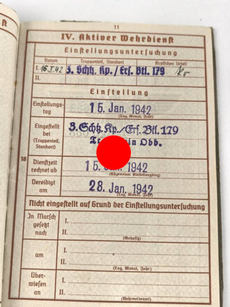 Wehrpaß Heer, eingestellt am 15. Januar 1942 bei 3. Schtz. Kp./ Ers. Btl. 179 Traunstein