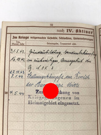 Wehrpaß Heer , eingestellt  18.5.43 bei Grenadier Ersatz Btl. 63 Ingolstadt