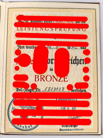 Urkundenheft zum SA Sportabzeichen in bronze für einen Angehörigen der SA aus Dingolfing mit Hülle, 1942